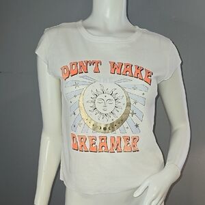 Vinyl Icons White Graphic Tee with Gold Sun and Moon Don't Wake The Dreamer Sz M